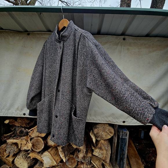 VINTAGE 1980s Cool Textured Tweed Tweed MIDI Coat/Jacket With Batwing Detail - Picture 8 of 13